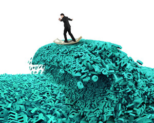Big data driving concept. Surfing business man riding dollar bill surfboard on the tsunami wave of...