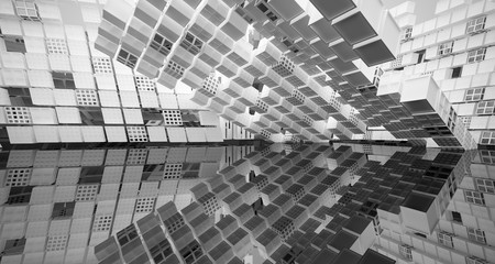 Abstract white and black interior multilevel public space with window. 3D illustration and rendering.