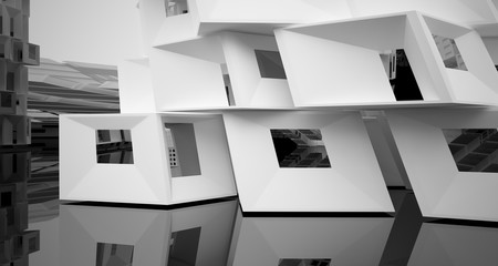 Abstract white and black interior multilevel public space with window. 3D illustration and rendering.