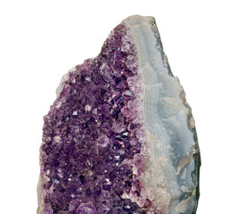 Raw fragment of Amethyst mineral gem stone, purple crystals isolated on white background