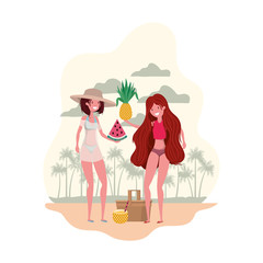 women with swimsuit and tropical fruits in hand