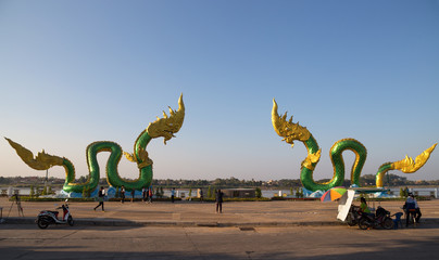 NONG KHAI, THAILAND, JANUARY 29, 2019 - Naga Statue in Nong Khai on Mekong River, Thailand.