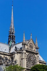 Fototapeta na wymiar View of the original Notre-Dame de Paris church (before the fire lit up in april 2019). Is a medieval Catholic cathedral and is considered to be one of the finest example of French Gothic architecture