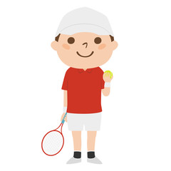 男の子のイラスト。テニスラケットとボールを持った、テニスのユニフォームを着た若い男の子。