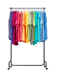 Mobile hanger with colorful clothes, isolated on white background. File contains a path to isolation