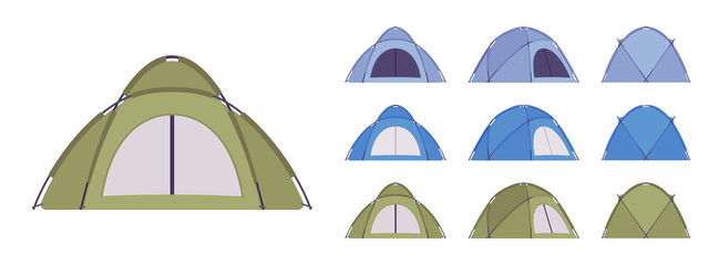 Dome tent set. Outdoor active sport and camping, sun shelter for travel, fishing or picnic equipment. Vector flat style cartoon illustration isolated on white background, different views and color © andrew_rybalko
