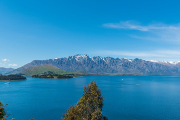 View of the landscape of the lake Wakatipu, Queenstown, New Zealand. Copy space for text.