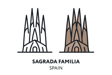 Sagrada Familia. Barcelona Spain Landmark Sight. Vector Flat Line Icon Illustration.