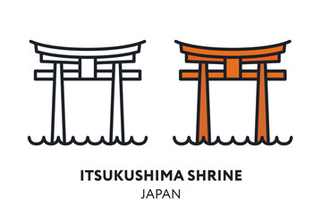 Itsukushima Shrine. Asian Japan Temple Landmark Sight. Vector Flat Line Icon Illustration.