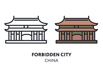 Forbidden City Temple China Beijing Landmark Sight. Vector Flat Line Icon Illustration.