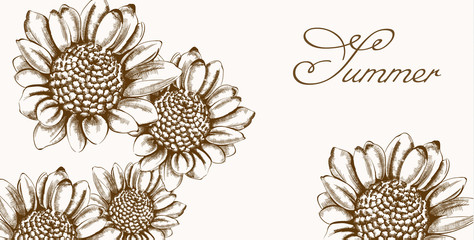 Vintage sunflower wreath card Vector line art. Boho style posters