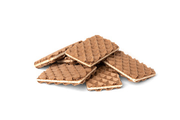 Chocolate waffles with milk filling isolated on white background.