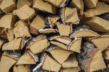 Fototapeta premium chopped dry yellow birch firewood close-up lie in a heap in rows. natural surface texture