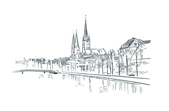 German antient city view vector sketch illustration