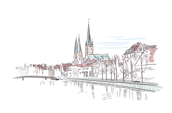 German antient city view vector sketch illustration