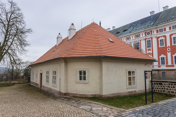 18th century house next to Benedictine Abbey in Broumov town in Czech Republic, one of the oldest buildings in town