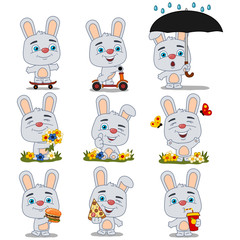 Set of funny little rabbit in different poses on summer meadow, riding and with fast food isolated on white background