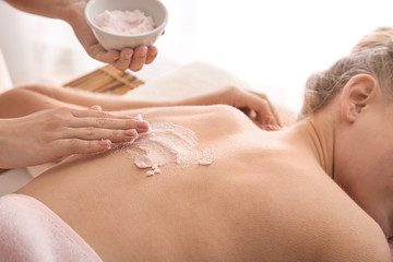 Fototapeta premium Young woman undergoing treatment with body scrub in spa salon