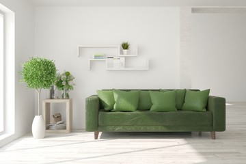 Stylish room in white color with sofa. Scandinavian interior design. 3D illustration