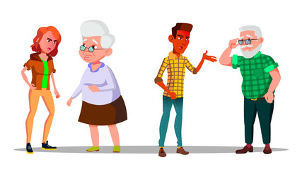 Young Generation Character Abuse Cry At Old Vector. Anger Man And Woman Abuse Screaming Shouting At Grandmother And Grandfather. Family Problem And Conflict Flat Cartoon Illustration