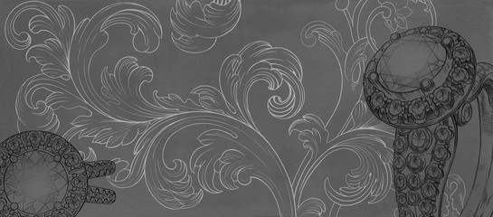 Jewelry theme. Dark gray background with hand-painted jewelery. Textural background for creativity.