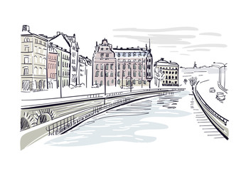 vector sketch illustration European city Stockholm center Sweden