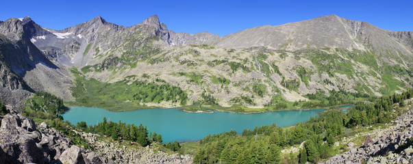 Fototapeta na wymiar Over the mountain lake, amazing water color. Panoramic view.