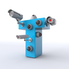 3D illustration of letter T with CCTV cameras