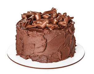 Tasty chocolate cake on white background