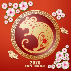 Happy Chinese new year 2020. Year of the rat. Colorful hand crafted art paper cut style. Vector illustration EPS10. 