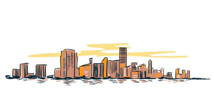 city skyline sketch, brown buildings, yellow sky clip art preview