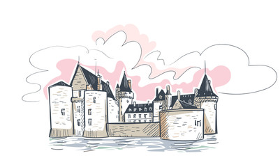 line art isolated france Sully Sur castle vector sketch