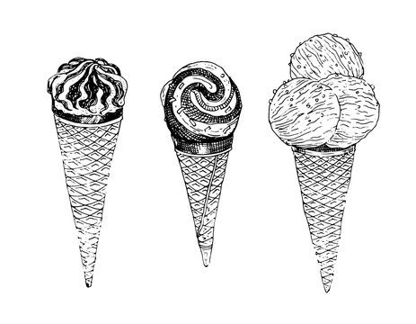 Ice cream in waffle cone. Natural products and healthy lifestyle, delicious products, a set of templates for menu design, restaurants and catering. Hand-drawn images