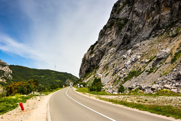 Road through forest and mountain in Djerdap gorge national park in Serbia