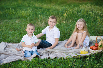 Children eat apples outdoor. Three children lay on the green grass