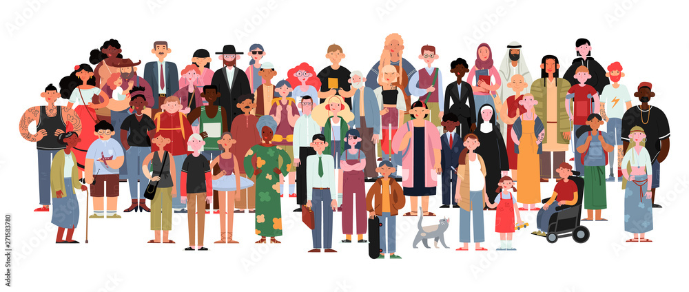 Wall mural socially diverse multicultural and multiracial people on an isolated white background. happy old and