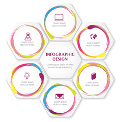 Infographic template for six hexagon choices water color style