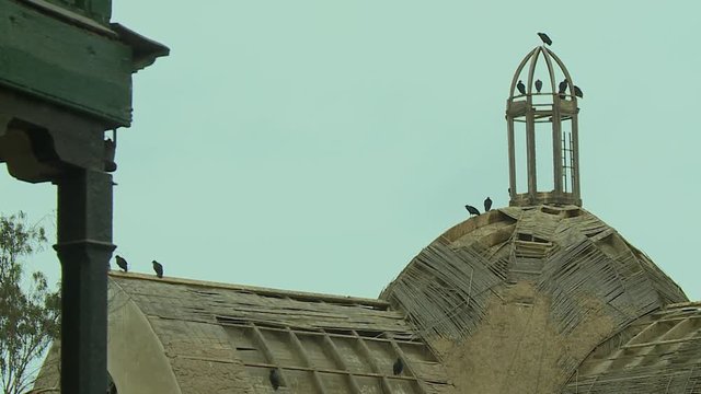 Medium low-angle still shot of black vultures on top of an old and abandoned church building, Barranco, Lima, Peru