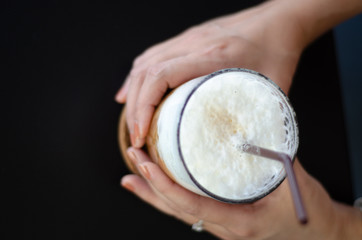 Coffee cup in the morning coffee shop.Morning coffee set on the table.