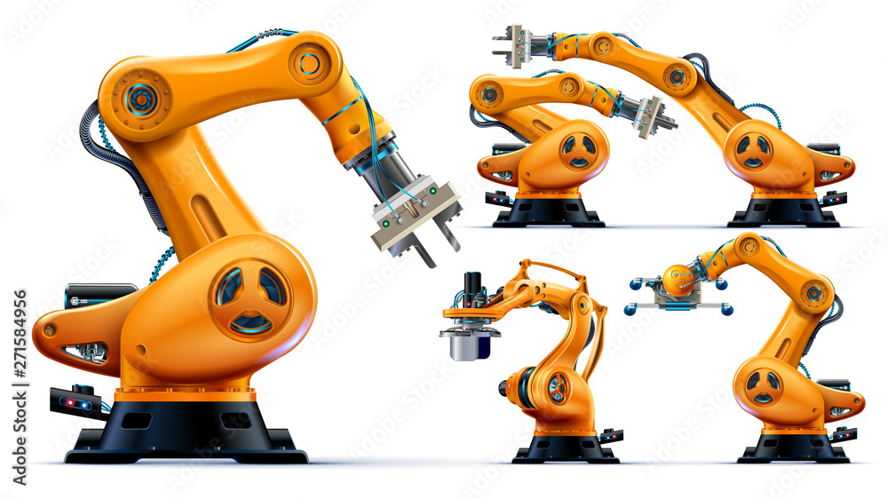 Poster Automated orange robotic arms or industry 3d manipulator positioner Isolated on white background. Hydraulic mechanical robot on factory. Machine crane. Machinery hand. Realistic vector custom set.