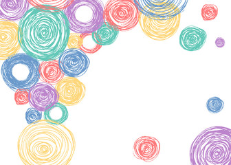 Colorful Scandinavian pencil scribbles frame with pastel color circles. Vector isolated background for kid invitation card.