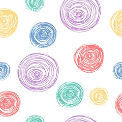 Tapeten Colorful Scandinavian pencil scribbles seamless pattern with pastel color circles for paper wrap. Vector isolated background for kid textile. © Kirill