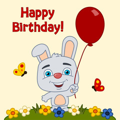 Obraz na płótnie Canvas Funny rabbit in cartoon style with red balloon - Happy birthday greeting card