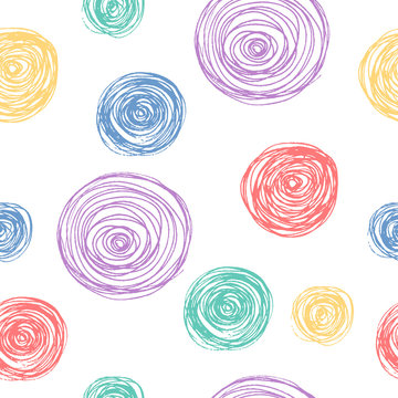 Colorful Scandinavian pencil scribbles seamless pattern with pastel color circles for paper wrap. Vector isolated background for kid textile.