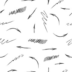 Seamless pattern with rough pencil scribbles, coal arrows. Vector isolated grunge background with chalk edge charcoal lines.