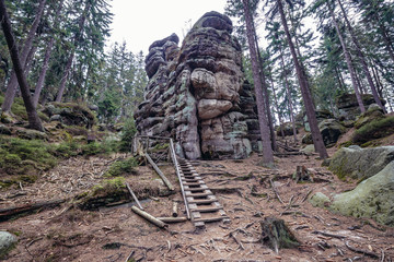Fototapeta na wymiar Tourist trail in Mount Ostas reserve in Table Mountains, part of Broumovsko Protected Landscape Area in Czech Republic