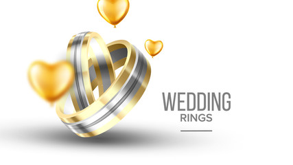 Wedding Golden With Platinum Rings Banner Vector. Special Symbolic Of Relationship Rings For Young Newly Couple Engaged Decorated Yellow Helium Balloons. Marriage Accessory Realistic 3d Illustration