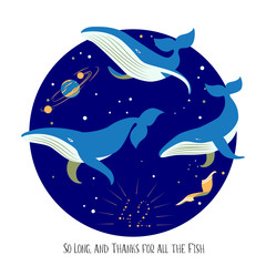 Whales and towel in space among the stars. Caption 