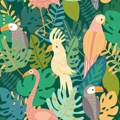 Naklejka premium Exotic jungle birds with tropical leaves. Seamless pattern with cockatoo, flamingos, parrot, toucan. Vector background illustration