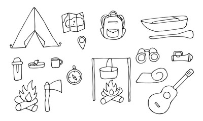 Hand drawn objects of the hiking and camping. Sketch icons of hike